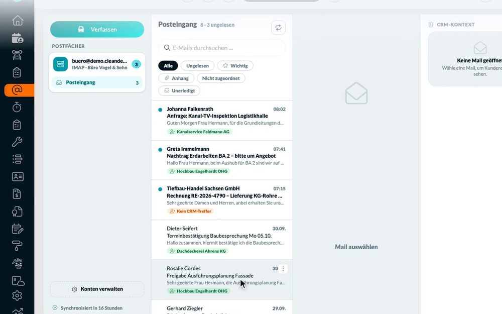 Gesamtansicht: Kundenmail: Kunde automatisch erkannt, Projekt und Aufgabe direkt aus der Mail