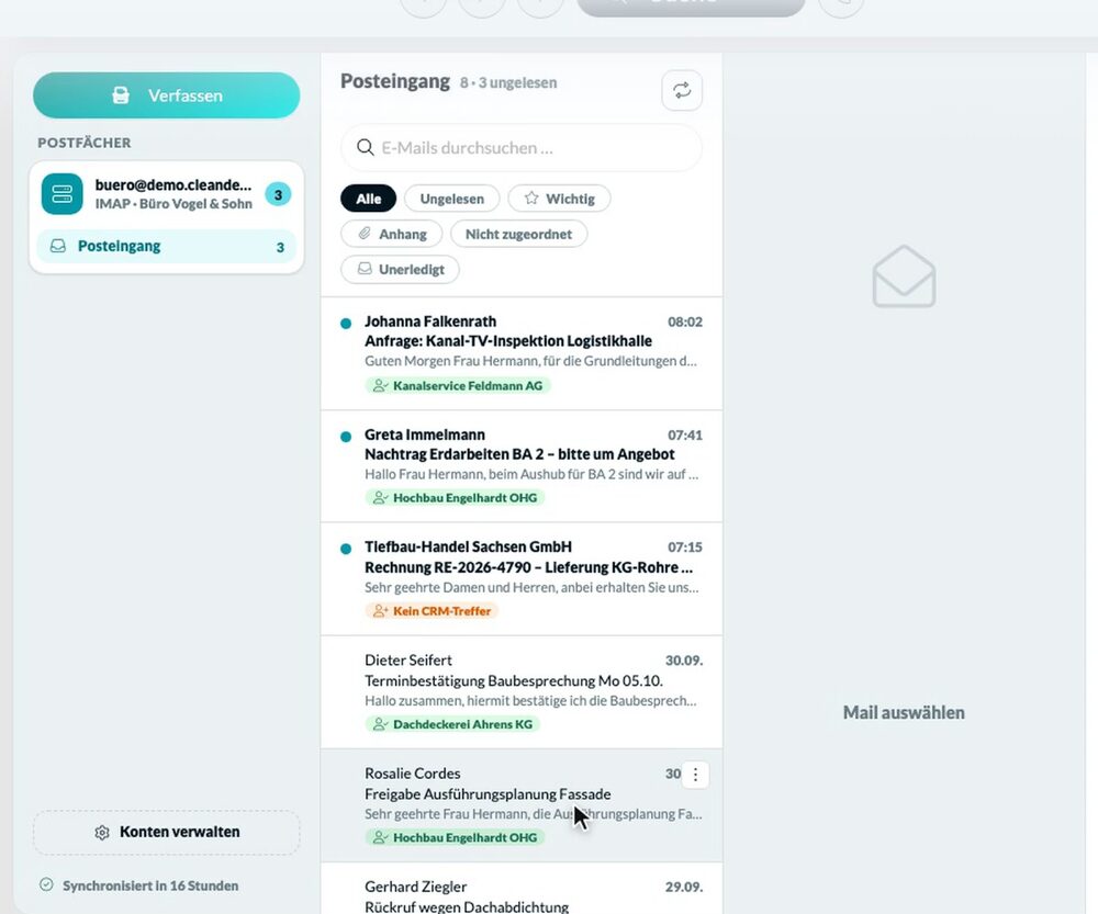 Kundenmail: Kunde automatisch erkannt, Projekt und Aufgabe direkt aus der Mail